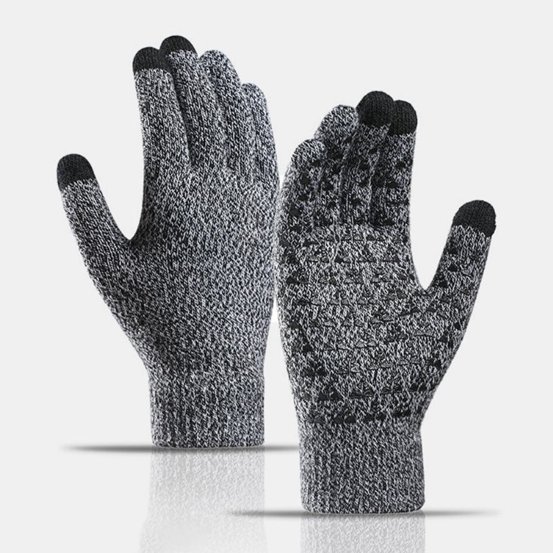 Unisex 3-finger Touch-skærm Palm Triangle Silikone Skridsikkert Mønster Strikkede Handsker Plus Velvet Thicken Bløde Vinter Varme Handsker