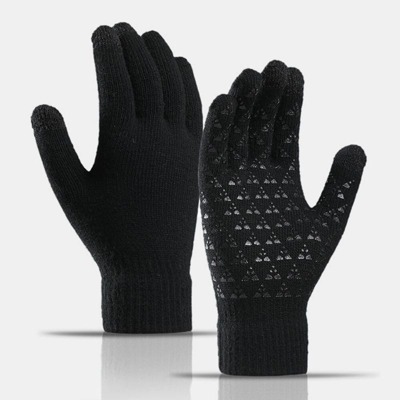 Unisex 3-finger Touch-skærm Palm Triangle Silikone Skridsikkert Mønster Strikkede Handsker Plus Velvet Thicken Bløde Vinter Varme Handsker