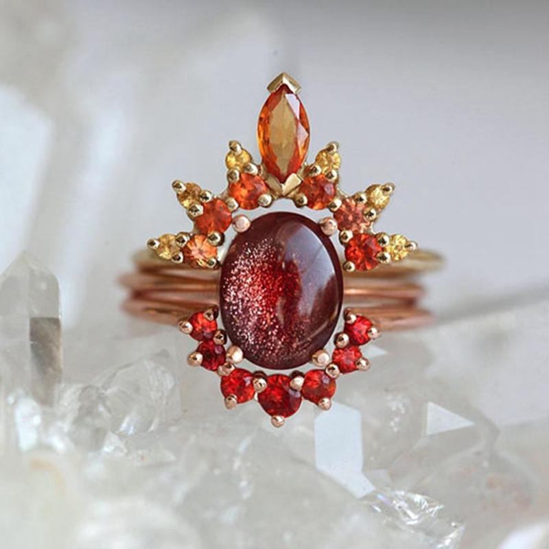 3 Stk/sæt Stilfulde Dame Stabelbare Ringe Ruby Crystal Flower Charm Bohemian Ring Sæt Til Damer