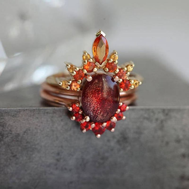 3 Stk/sæt Stilfulde Dame Stabelbare Ringe Ruby Crystal Flower Charm Bohemian Ring Sæt Til Damer