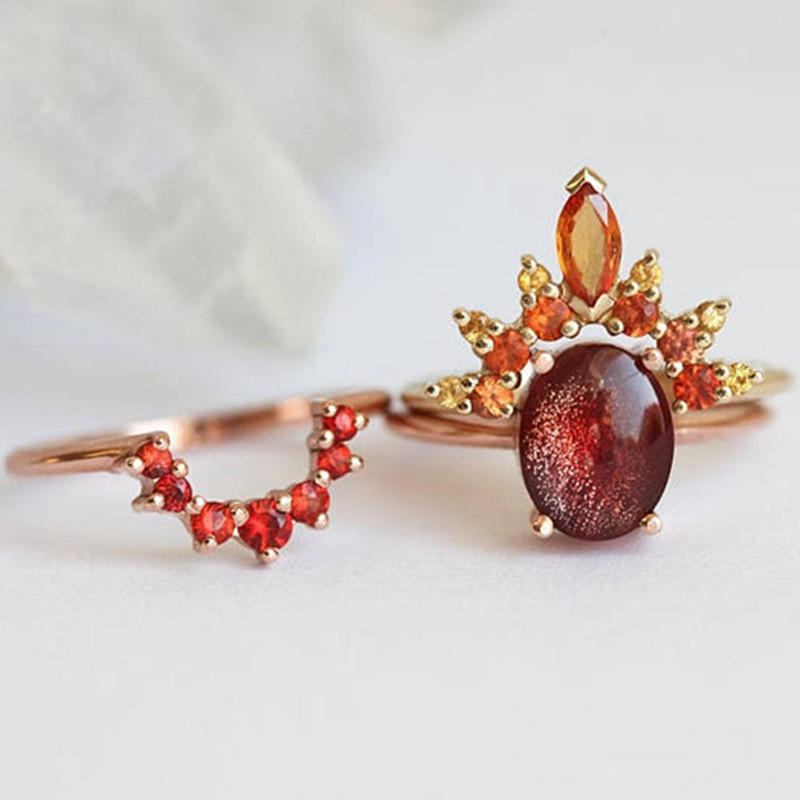 3 Stk/sæt Stilfulde Dame Stabelbare Ringe Ruby Crystal Flower Charm Bohemian Ring Sæt Til Damer