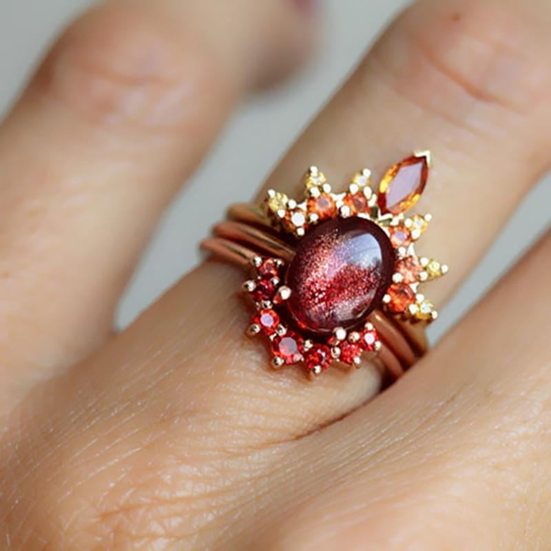 3 Stk/sæt Stilfulde Dame Stabelbare Ringe Ruby Crystal Flower Charm Bohemian Ring Sæt Til Damer