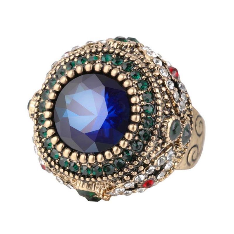 Bohemian Blue Rhinestone Finger Ringe Etnisk Forgyldt Runde Geometriske Ring Smykker Til Kvinder