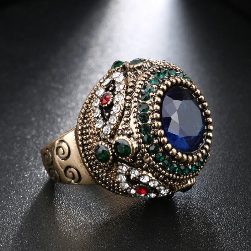 Bohemian Blue Rhinestone Finger Ringe Etnisk Forgyldt Runde Geometriske Ring Smykker Til Kvinder