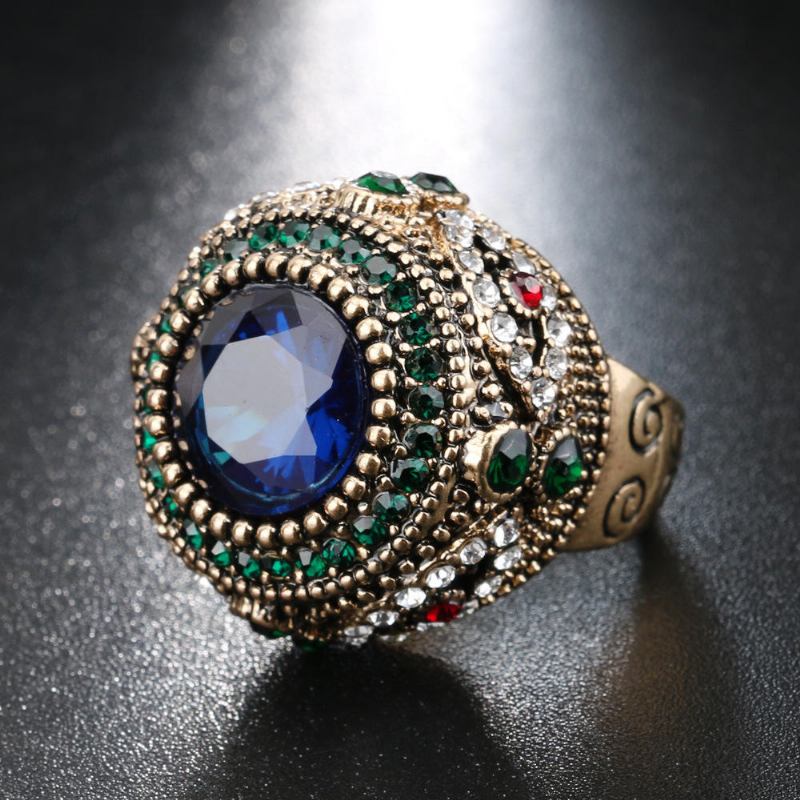 Bohemian Blue Rhinestone Finger Ringe Etnisk Forgyldt Runde Geometriske Ring Smykker Til Kvinder