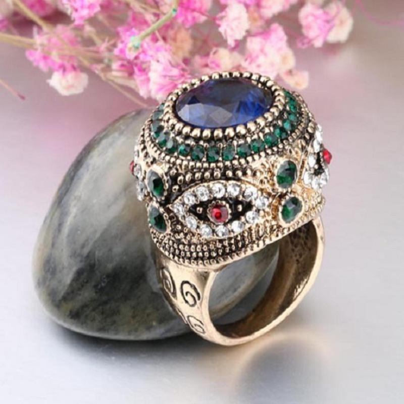 Bohemian Blue Rhinestone Finger Ringe Etnisk Forgyldt Runde Geometriske Ring Smykker Til Kvinder