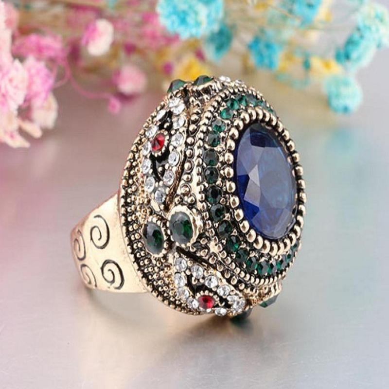 Bohemian Blue Rhinestone Finger Ringe Etnisk Forgyldt Runde Geometriske Ring Smykker Til Kvinder