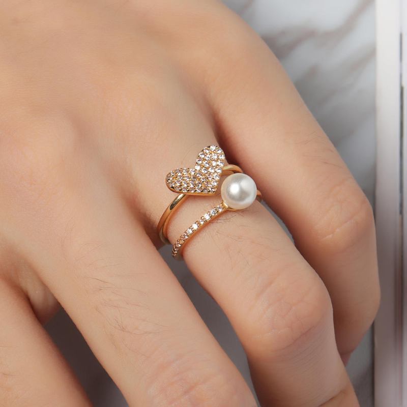 Fashion Open End Ring 18k Forgyldt Zirconia Dobbeltlags Hjerteperlering Til Kvinder