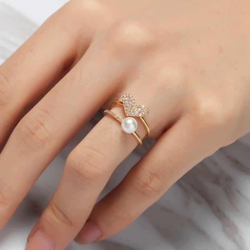 Fashion Open End Ring 18k Forgyldt Zirconia Dobbeltlags Hjerteperlering Til Kvinder