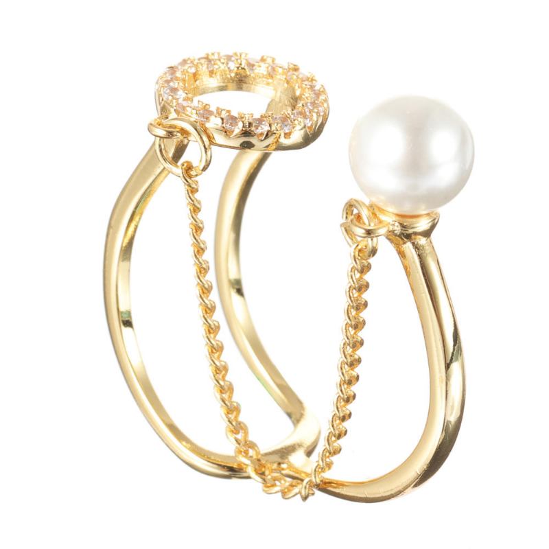 Trendy Open End Ring 18k Guldbelagt Zirconia Rund Perlering Til Kvinder