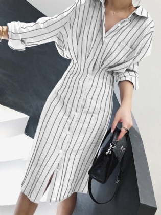 Casual Stripe Revers Langærmet Knap Almindelig Skjortekjole Med Lomme