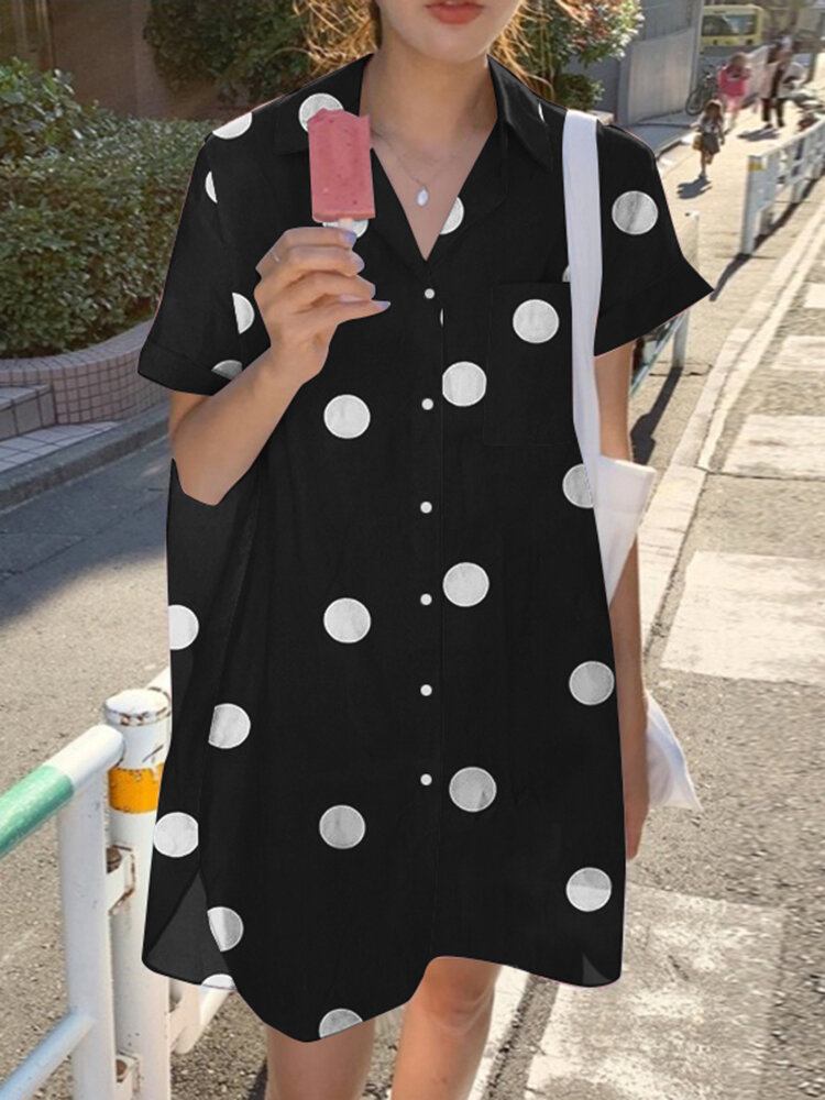 Cottagecore Polka Dot Pocket Button Split Shirt Dress