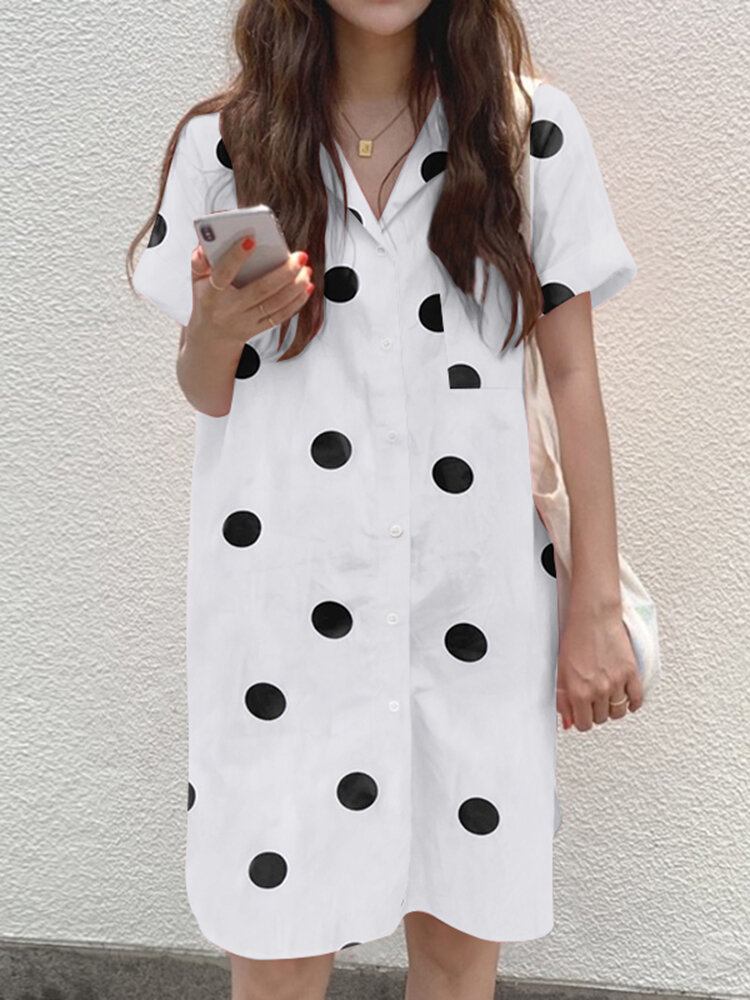 Cottagecore Polka Dot Pocket Button Split Shirt Dress