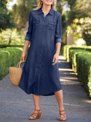 Kvinder Casual Lapel Button Langærmet Streetwear Uregelmæssig Hem Pocket Skjortekjole