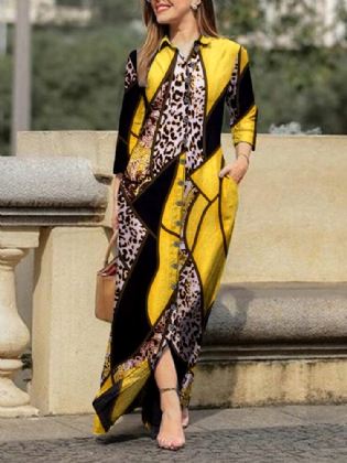 Leopard Kontrastfarve Langærmet Button Down Skjortekjole