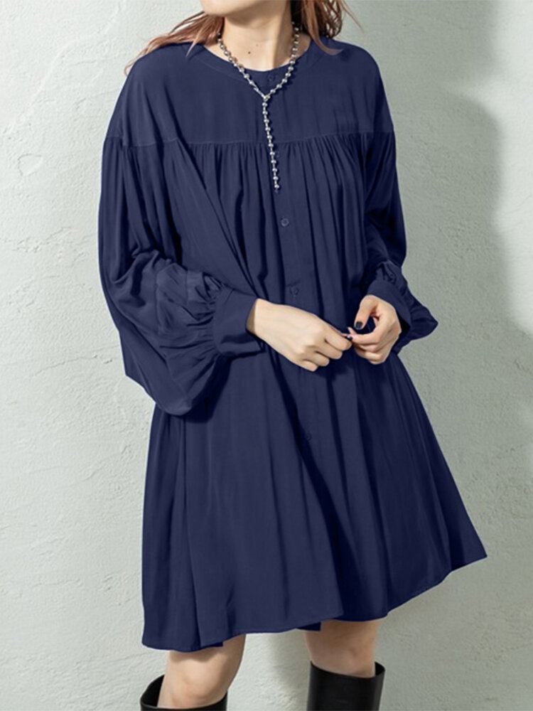 Puff Sleeve Stand Krave Langærmet Plisseret Casual Shirt Dress