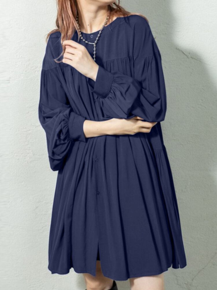 Puff Sleeve Stand Krave Langærmet Plisseret Casual Shirt Dress