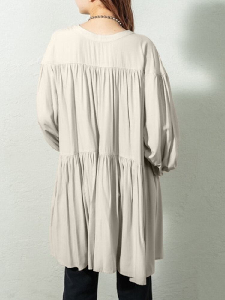 Puff Sleeve Stand Krave Langærmet Plisseret Casual Shirt Dress