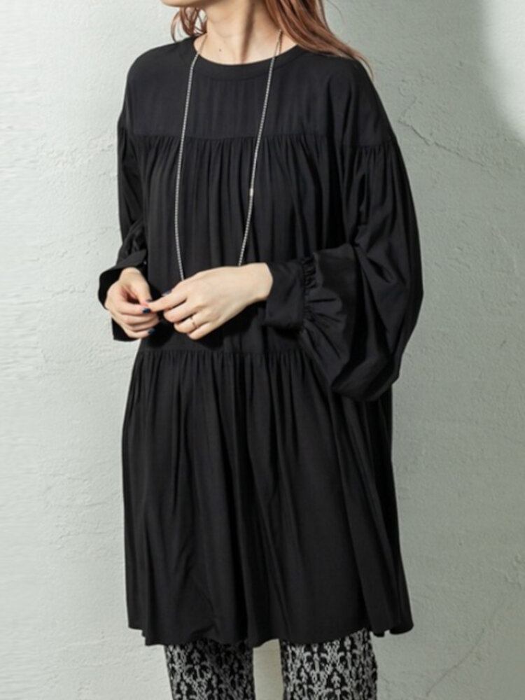 Puff Sleeve Stand Krave Langærmet Plisseret Casual Shirt Dress