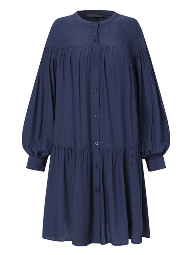 Puff Sleeve Stand Krave Langærmet Plisseret Casual Shirt Dress