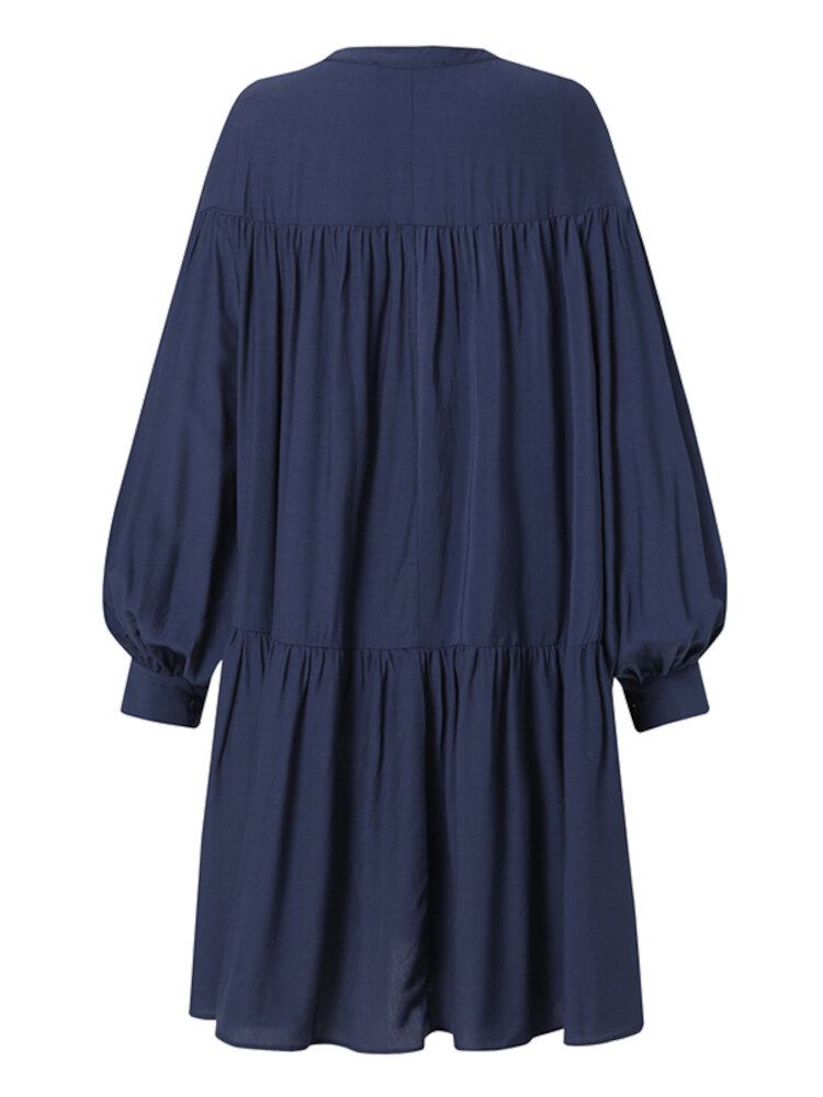 Puff Sleeve Stand Krave Langærmet Plisseret Casual Shirt Dress