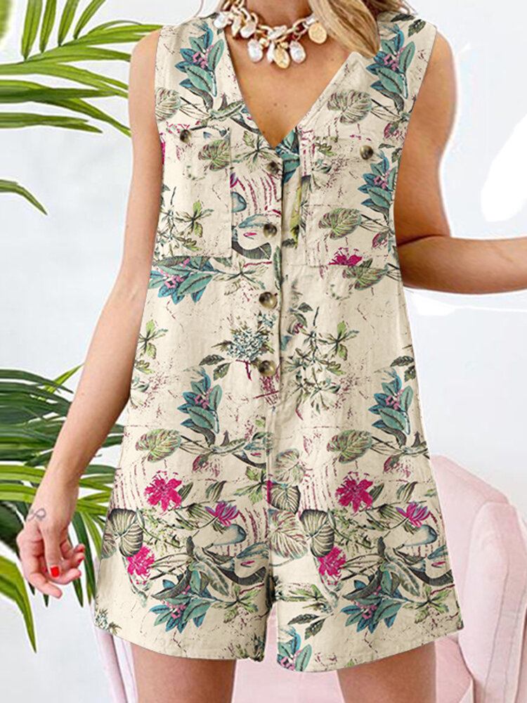 Ærmeløs Knaptryk Blomsterlomme Regular Fit Jumpsuit