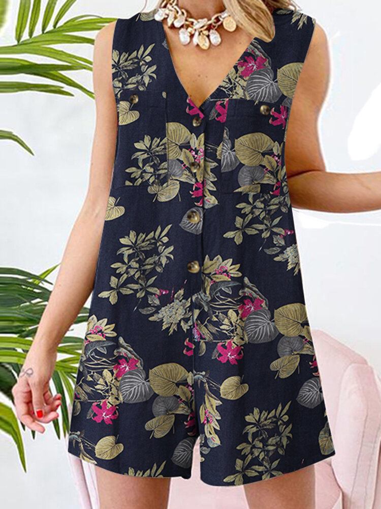 Ærmeløs Knaptryk Blomsterlomme Regular Fit Jumpsuit