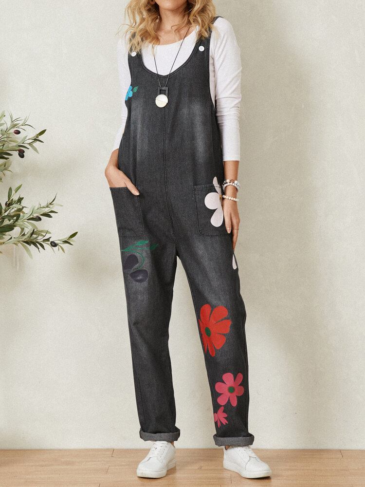 Bohemia Farverig Calico Print Pocket Casual Jumpsuit Til Kvinder