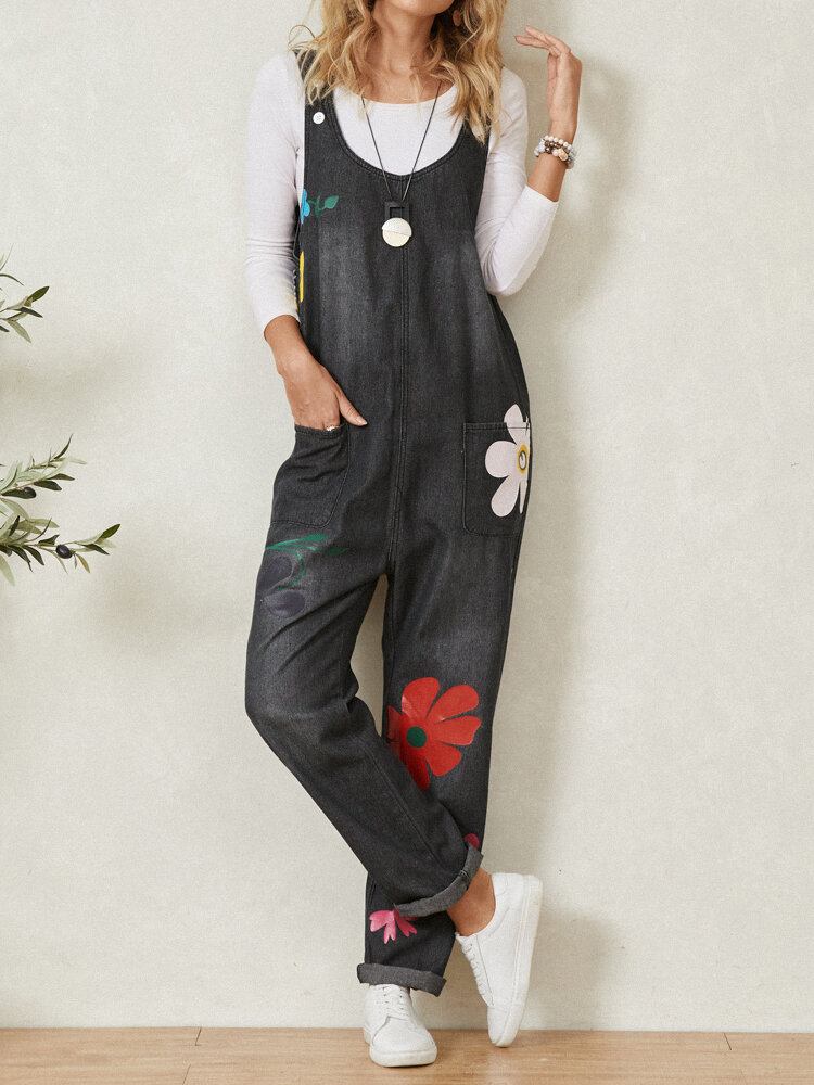 Bohemia Farverig Calico Print Pocket Casual Jumpsuit Til Kvinder