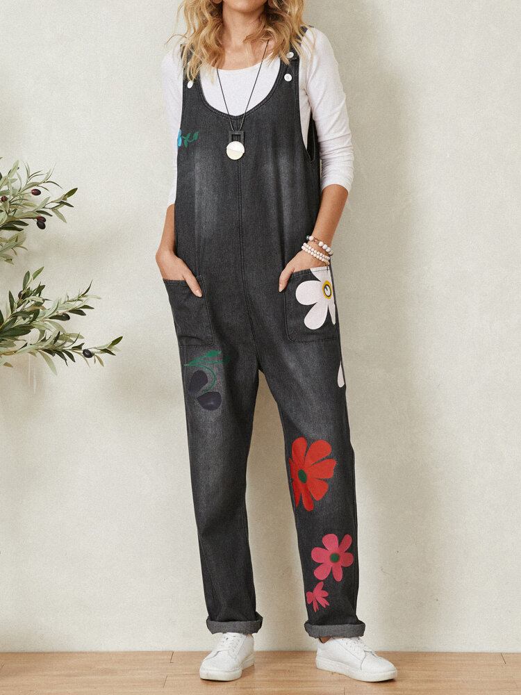 Bohemia Farverig Calico Print Pocket Casual Jumpsuit Til Kvinder