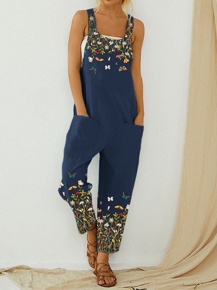 Butterfly Flower Print Rem Knap Lomme Casual Jumpsuit Overalls Til Kvinder