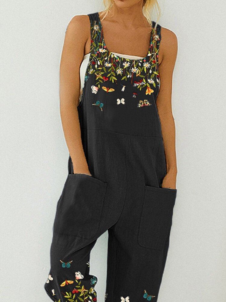 Butterfly Flower Print Rem Knap Lomme Casual Jumpsuit Overalls Til Kvinder