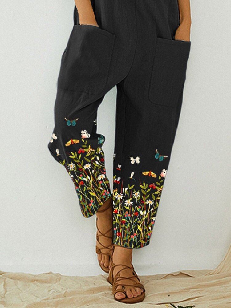 Butterfly Flower Print Rem Knap Lomme Casual Jumpsuit Overalls Til Kvinder