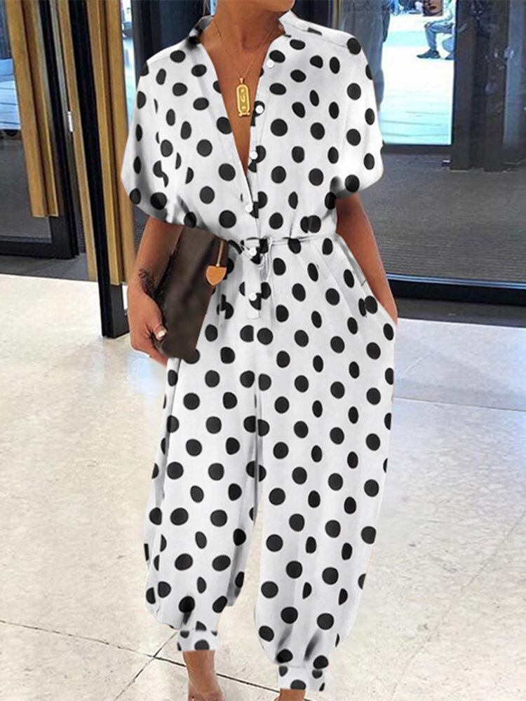 Casual Polka Dot Print Revers Kortærmede Knap Jumpsuits Til Damer