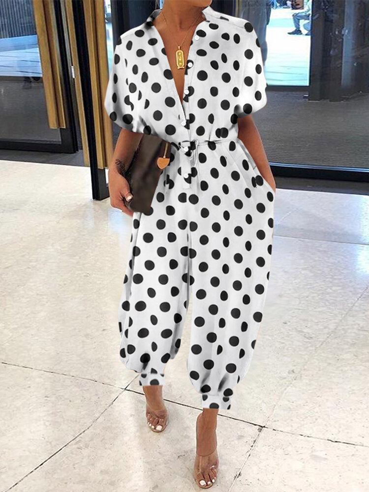 Casual Polka Dot Print Revers Kortærmede Knap Jumpsuits Til Damer