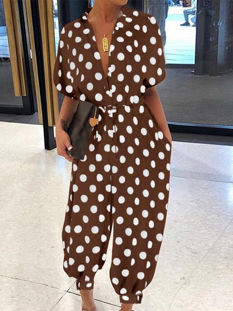 Casual Polka Dot Print Revers Kortærmede Knap Jumpsuits Til Damer