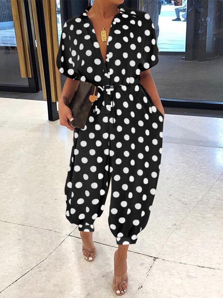 Casual Polka Dot Print Revers Kortærmede Knap Jumpsuits Til Damer