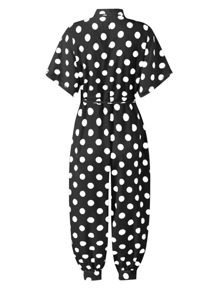 Casual Polka Dot Print Revers Kortærmede Knap Jumpsuits Til Damer