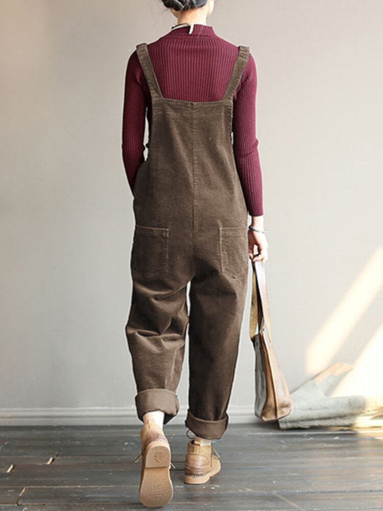 Corduroy Ærmeløse Elastiske Stropper Casual Simple Frontlommer Jumpsuit Til Kvinder