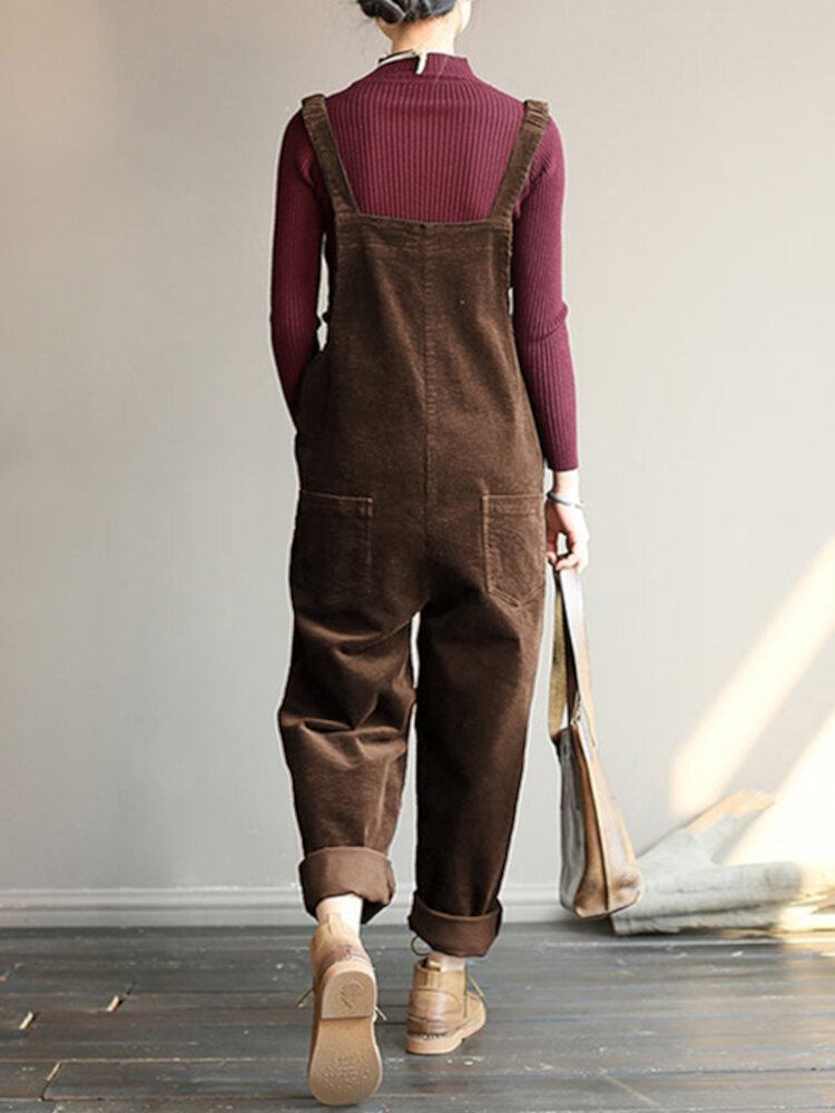 Corduroy Ærmeløse Elastiske Stropper Casual Simple Frontlommer Jumpsuit Til Kvinder