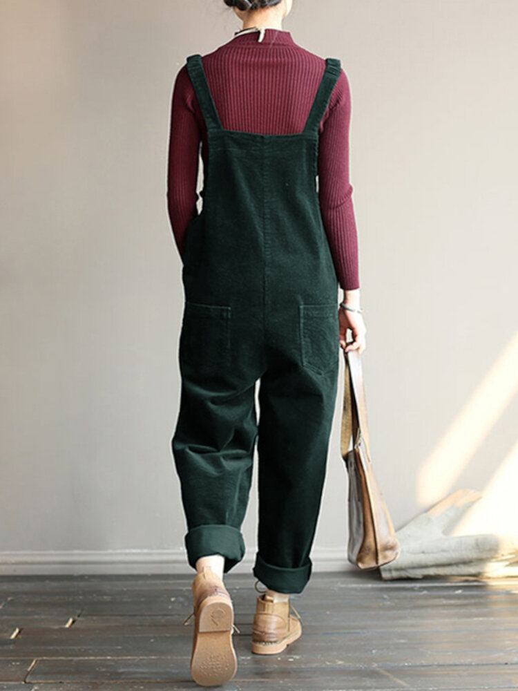 Corduroy Ærmeløse Elastiske Stropper Casual Simple Frontlommer Jumpsuit Til Kvinder