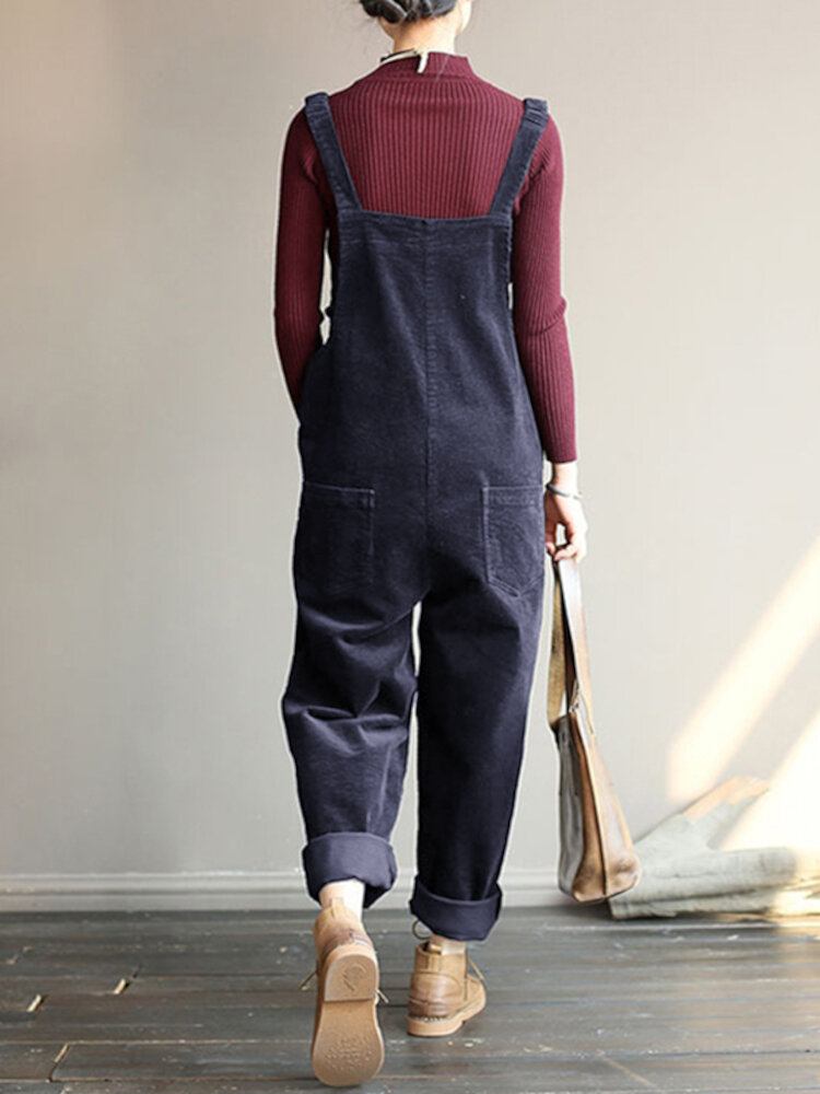 Corduroy Ærmeløse Elastiske Stropper Casual Simple Frontlommer Jumpsuit Til Kvinder