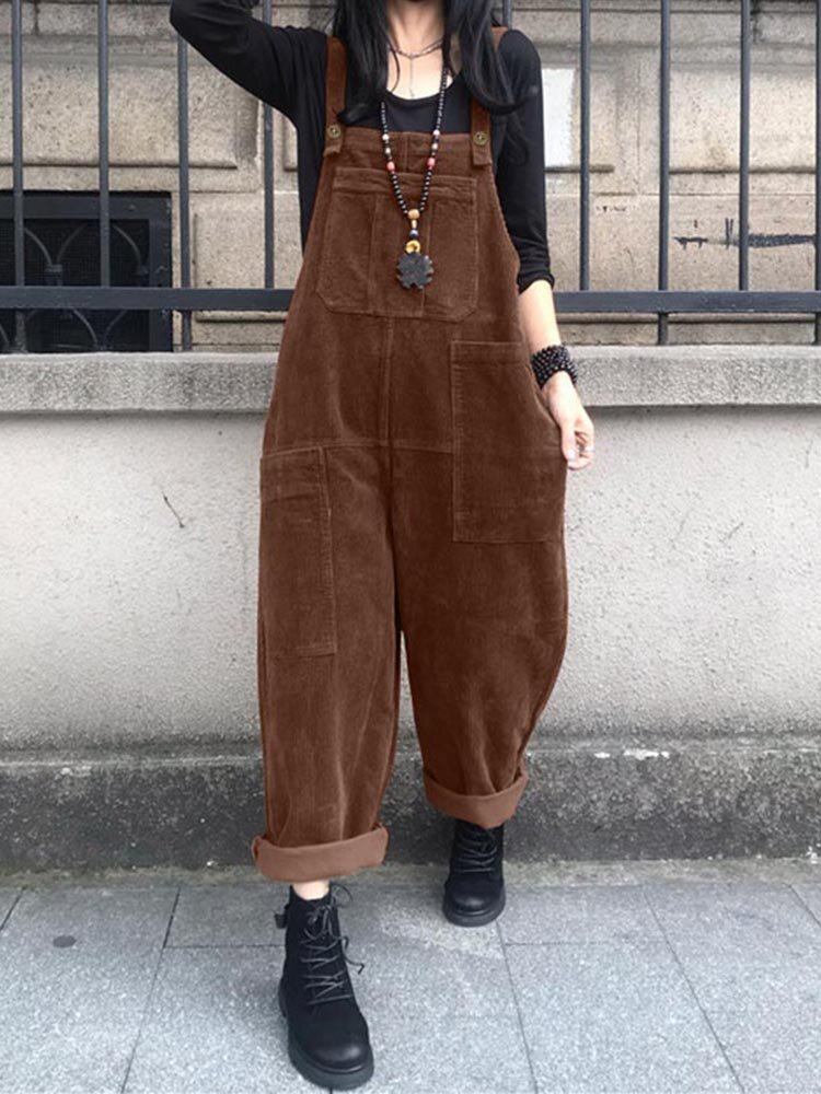 Corduroy Retro Europe Solid Casual Pocket Jumpsuit Til Damer