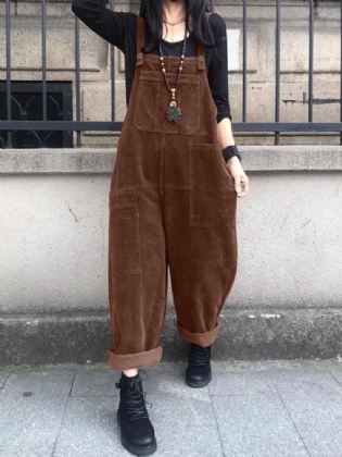 Corduroy Retro Europe Solid Casual Pocket Jumpsuit Til Damer