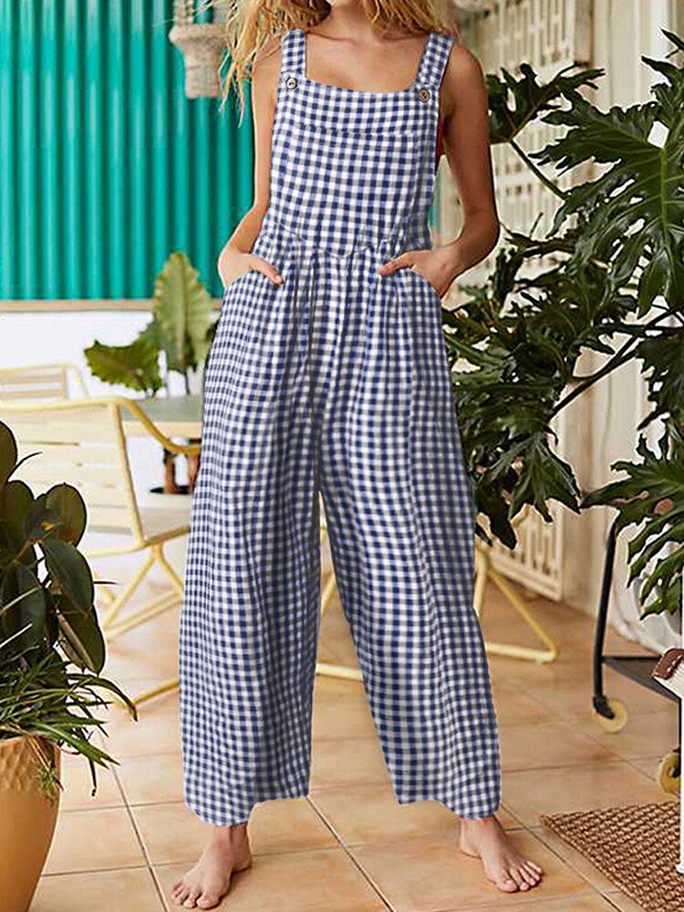 Dame Ærmeløse Ensfarvet Plaid Løs Sidelomme Afslappede Jumpsuits