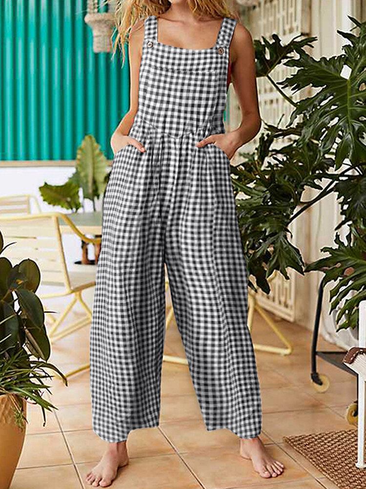 Dame Ærmeløse Ensfarvet Plaid Løs Sidelomme Afslappede Jumpsuits