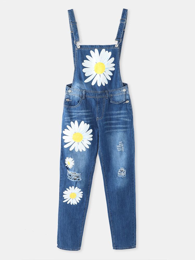 Dame Daisy Mønster Print Stropper Rippede Casual Stilfuld Denim Jumpsuit