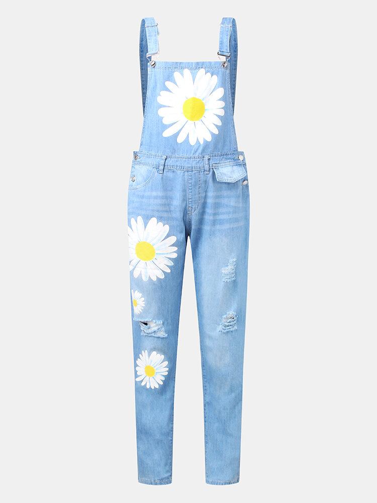 Dame Daisy Mønster Print Stropper Rippede Casual Stilfuld Denim Jumpsuit