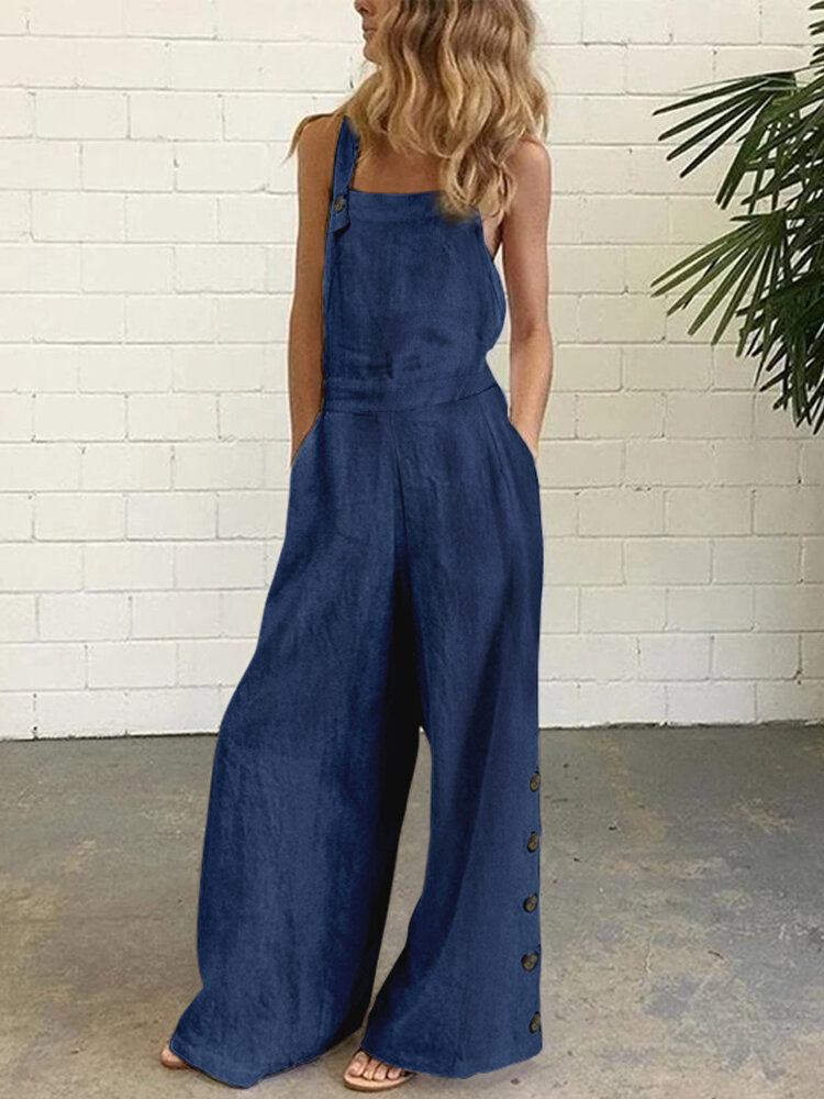 Dame Denim Ensfarvet Knap Løse Overalls Casual Jumpsuits Med Brede Ben Og Lommer