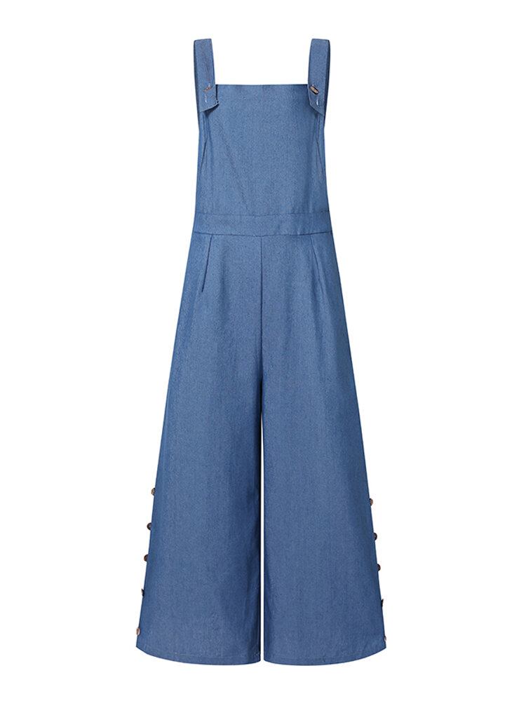 Dame Denim Ensfarvet Knap Løse Overalls Casual Jumpsuits Med Brede Ben Og Lommer